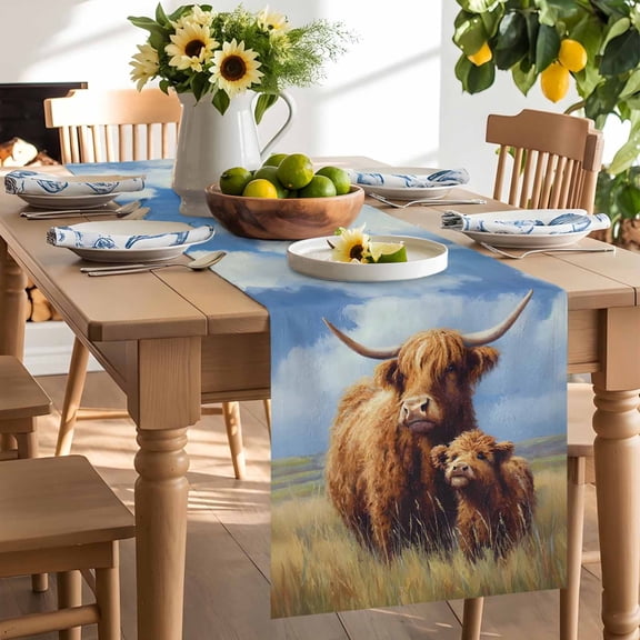 Highland Cow Table Runner, Rustic Art Calf in A Lush Farmhouse Grassland Washable Kitchen Table Runners Dress Scarves for Dining Table Decorations Party/Restaurant/Indoor Outdoor Use, 13x36in