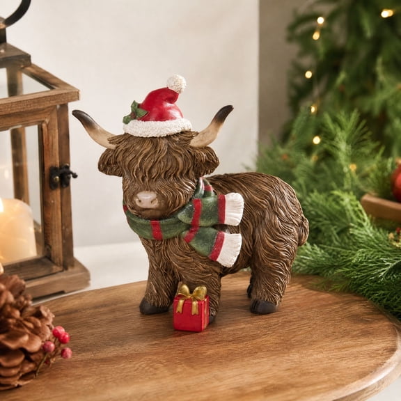 Highland Cow Tabletop Figurine with Sculpted Shape for a Seasonal Tabletop Display, Designed for Mantel and Console Table, Suited to Entryway and Dining Table, Made for Seasonal Household Styling
