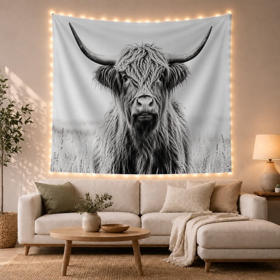 Highland Cow in Tall Grass, Calming Rustic Farmhouse Art for Animal Lovers, Cattle Portrait Decor, Housewarming Gift, Tapestry Wall Hanging for Living Room and Bedroom