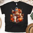 thumbnail image 1 of Highland Cow Tee | Pumpkin Coffee Fall Shirt | Unisex Casual T-Shirt, Black, Size XL, 1 of 6