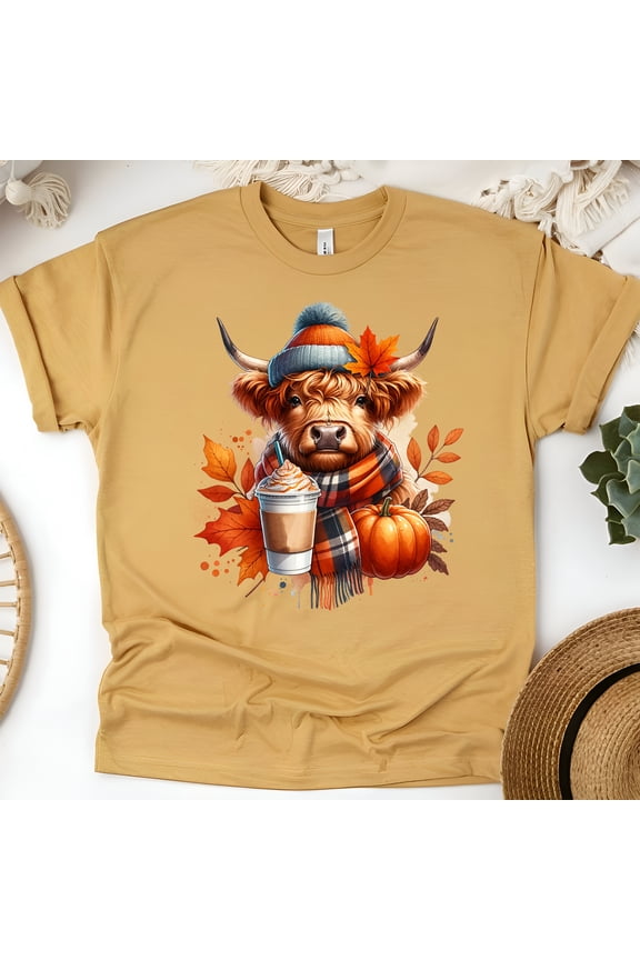 Highland Cow Tee | Pumpkin Coffee Fall Shirt | Unisex Casual T-Shirt, Gold, Size S