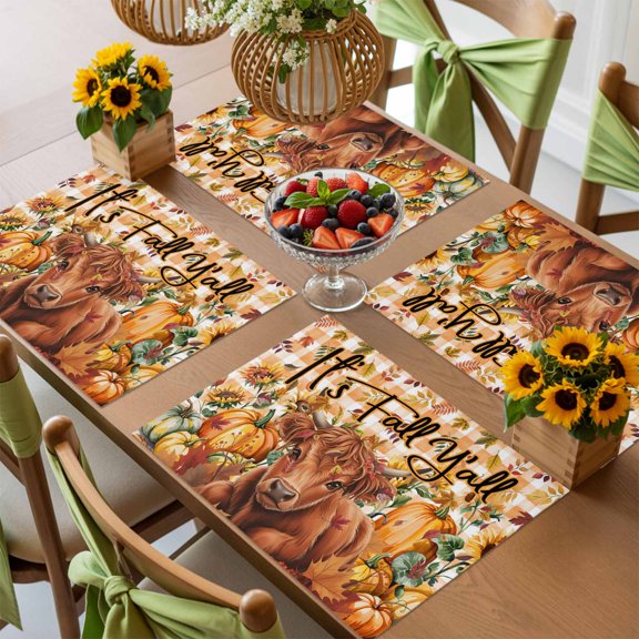 Highland Cow Thanksgiving Pumpkin Placemats Set of 4,Wipeable Washable Table Mats for Dining Tables, Fall Leaves Orange Plaid Place Mats for Kitchen Event Party Tabletop Decor