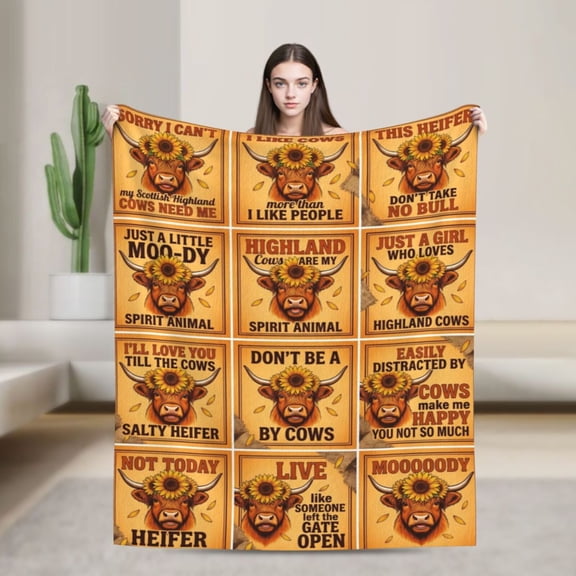 Highland Cow Throw Blanket, Cow Print Throw for Farmhouse Living Room Decor, Sofa Couch 50x40