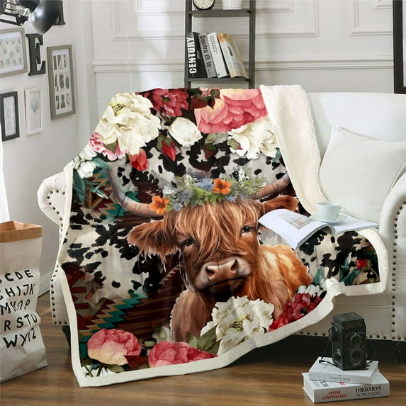 Highland Cow Throw Blanket Cowboys Gifts for Men,WatercolorFlowers Fleece Blanket Farm Animals Cowhide Blanket 40"x50",Arrow Geometry Aztec Blankets Farmhouse Bull Cattle Western Decor
