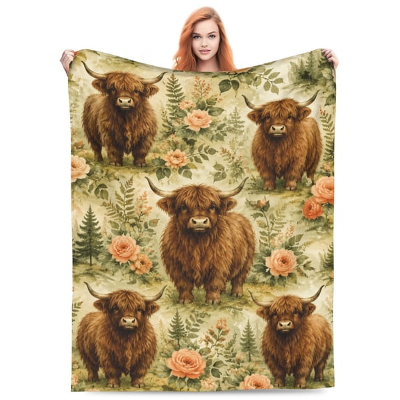Highland Cow Throw Blanket, Rustic Farmhouse Soft Cozy Flannel Throw, Warm Blanket for Bed Sofa Home Decor 50x40