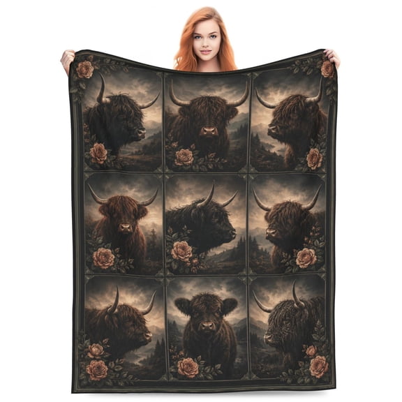 Highland Cow Throw Blanket, Rustic Farmhouse Soft Cozy Flannel Throw, Warm Blanket for Bed Sofa Home Decor 50x40