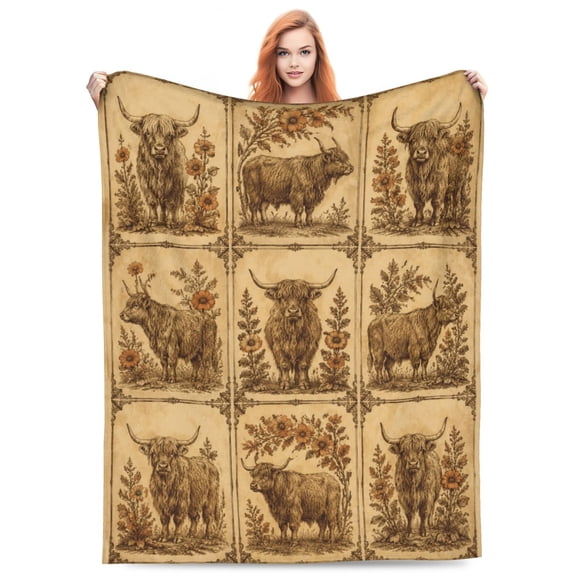 Highland Cow Throw Blanket, Rustic Farmhouse Soft Cozy Flannel Throw, Warm Blanket for Bed Sofa Home Decor 50x40