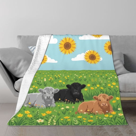 Highland Cow Throw Blanket, Sunflower Blue Sky Floral Meadow Design, Grey Black Brown Cows Soft Flannel Fleece For Couch Sofa Bed Sofa Travel, Rustic Farmhouse Home Decor 50x40