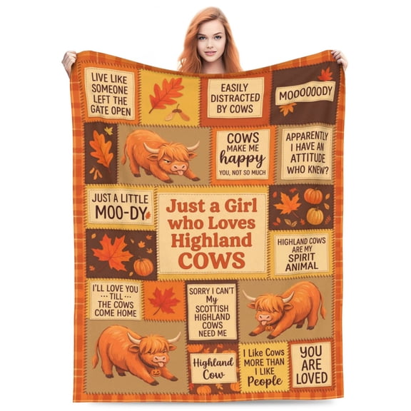 Highland Cow Throw Blanket, Unique Heartwarming Gift For Cow Lovers Fall Maple Leaf Pattern For Lounge Chair, Rustic Cabin Home Decor 50x40