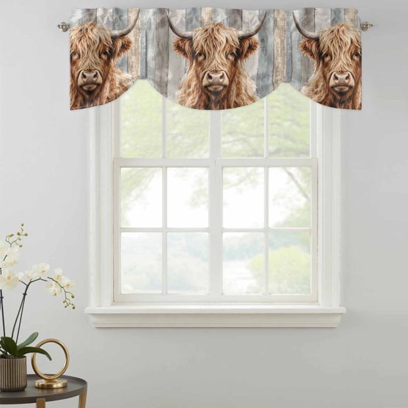 Highland Cow Tie Up Valances Curtain, Farm Country Animal Pattern Shabby Chic Gray Wood Grain Kitchen Valances for Windows Decor, Rod Pocket Short Curtains Set for Bedroom/Bathroom, 42"x12"