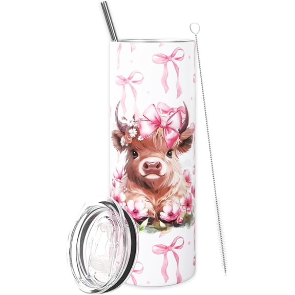 Highland Cow Tumbler with Lid and Straw, 21 oz, Stainless Steel, Pink Bow, Watercolor Design, Gift for Christmas, Valentine''s Day, Party, Home Office Decor