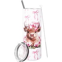 Highland Cow Tumbler with Lid and Straw, 21 oz, Stainless Steel, Pink Bow, Watercolor Design, Gift for Christmas, Valentine''s Day, Party, Home Office Decor