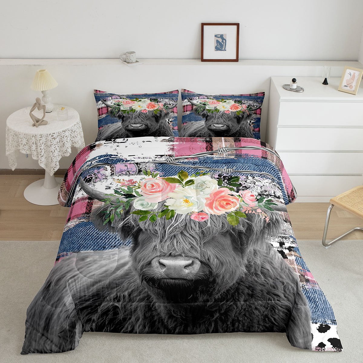 Highland Cow Twin Bedding Set for Boys,Blue Denim Quilt Pink Checkered