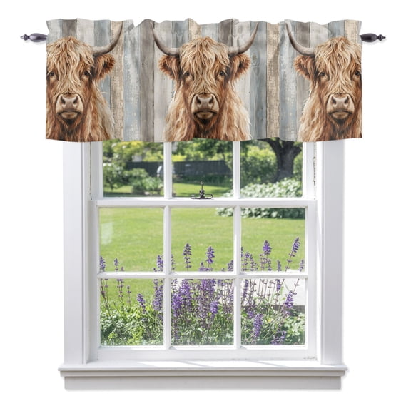 Highland Cow Valance Curtain 1 Panel, Farm Country Animal Pattern Shabby Chic Gray Wood Grain Kitchen Valance with Rod Pocket Window Treatment Short Curtains for Bathroom Bedroom, 42 x 12 Inches