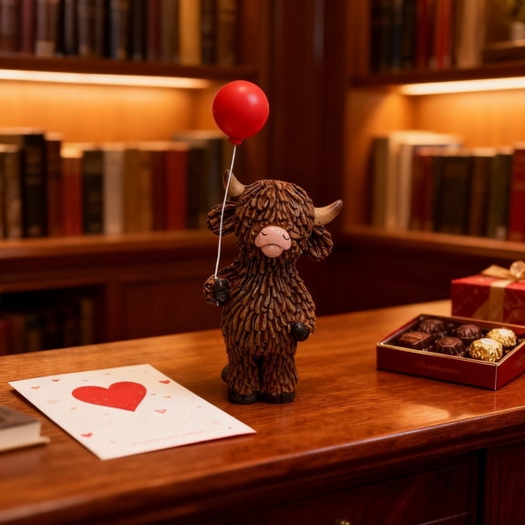 Highland Cow Valentine Decor Resin Figurines Cute Valentine's Day Table Top Indoor Decorations Tiered Tray Tabletop Centerpiece Shelf Office Desk Gifts for Home Farmhouse Lovers