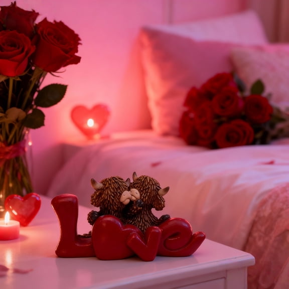 Highland Cow Valentine Decor Resin Figurines Cute Valentine's Day Table Top Indoor Decorations Tiered Tray Tabletop Centerpiece Shelf Office Desk Gifts for Home Farmhouse Lovers