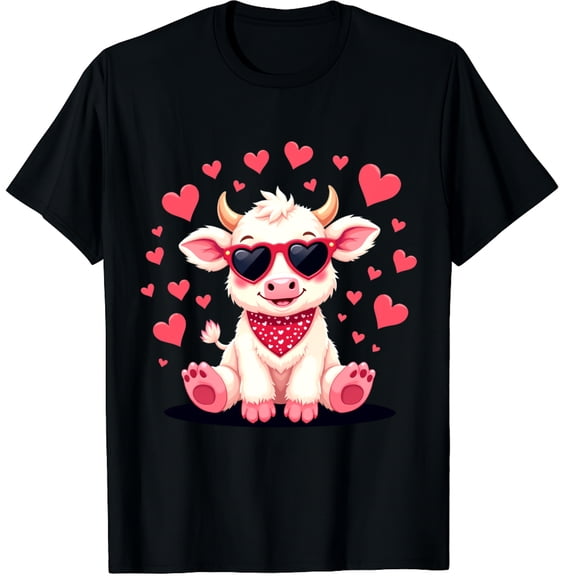 Highland Cow Valentines Day Funny Heart Sunglasses Bandana Graphic Crew Neck Short Sleeve T-Shirts (Men's, Women's)