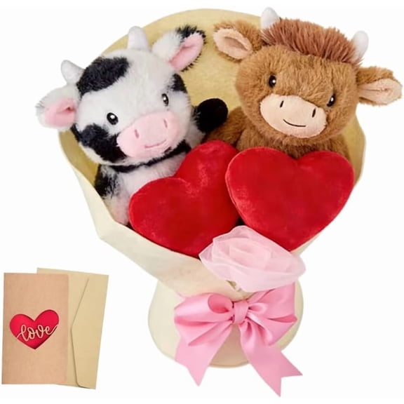 Highland Cow Valentines Day Plush Bouquet, 13" Everlasting Plush Bouquet with 2 Cute Cow Valentines Plushies & Red Hearts, Unique Valentines Day Gifts for Kids, Girlfriend Lovers