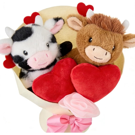 Highland Cow Valentines Day Plush Gift, 10x13 Inches Hearts and Pink Bow Highland Cow Bouquet, Romantic Valentine Decorations Gifts for Her & Boyfriend Girls Lover (1pcs)Q