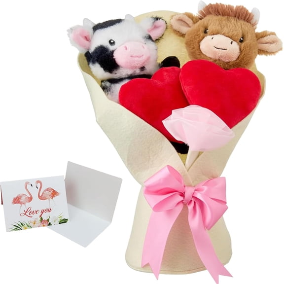 Highland Cow Valentines Day Plush Gift, Pink Highland Cow Plush Bouque with Hearts Gifts for Friends, Family, and Loved Onesfor Bedroom, Desk & Shelf Display (Bouquet)