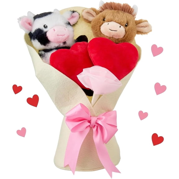 Highland Cow Valentines Plush Bouquet, Set of 2 Adorable Stuffed Animals with Hearts, Pink Bow Wrap, for Anniversary, Weddings, Valentines Day Gifts, Holiday Party Decor