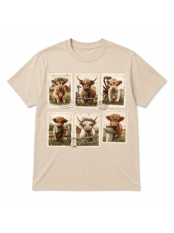 Highland Cow Vintage Stamp Graphic T-Shirt | Cute Calf Country Tee | Unisex Gift for Cow Lovers