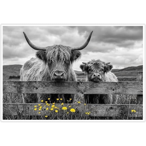 Highland Cow Wall Art Canvas Prints,Black and White Farm Animal Decor with Yellow Dandelions,Rustic Pastoral Scene for Living Room Bedroom Home Decoration