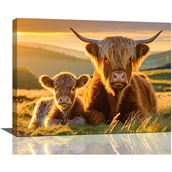 Highland Cow Wall Art Cow Landscape Pictures Wall Decor Cattle Canvas Farmhouse Print Artwork Home Decorations for Living Room Bedroom Bathroom Office Framed 16"x12"