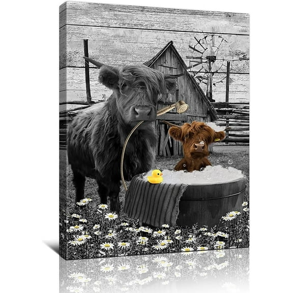 Highland Cow Wall Art Cute Cow In Bathtube Canvas Print Black And White Funny Animals Painting Flower Cow Bathroom Framed Wall Decor Home Decor For Bathroom Bedroom Ready To Hang 12x16 Inch