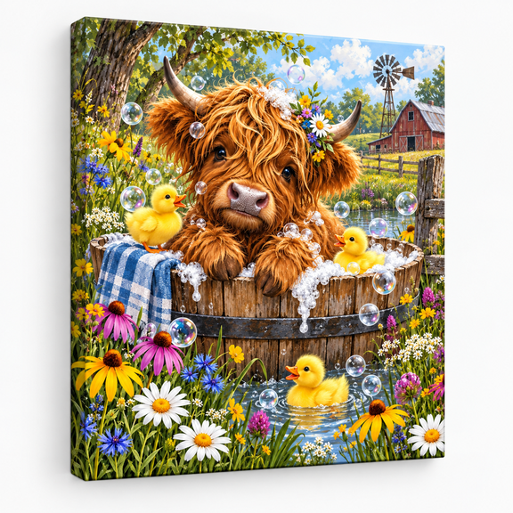 Highland Cow Wall Art, Farmhouse Bathroom Decor, Cute Cow Canvas, 8x10in Stretched Canvas Wall Art with Inner Frame, Printed Picture for Home Living Room Bedroom Decor