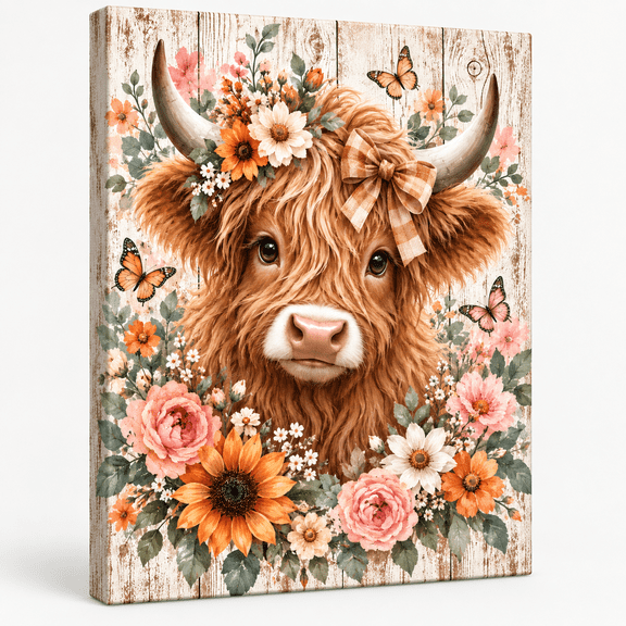 Highland Cow Wall Art, Floral Cow Canvas, Farmhouse Animal Decor, 8x10in Stretched Canvas Wall Art with Inner Frame, Printed Picture for Home Living Room Bedroom Decor