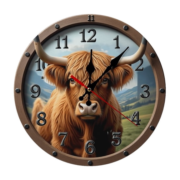 Highland Cow Wall Clock 10 Inch Silent Non Ticking Round Wooden Clock Decoration for Living Room Kitchen Bedroom Bathroom Office Classroom