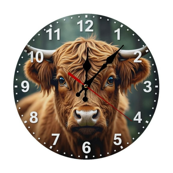 Highland Cow Wall Clock 10 Inch Silent Non Ticking Round Wooden Clock Decoration for Living Room Kitchen Bedroom Bathroom Office Classroom