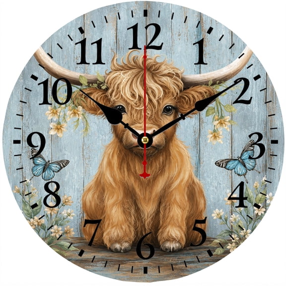 Highland Cow Wall Clock, 9.84 Inch Rustic Farmhouse Animal Decorative Analog Clock with Large Numbers for Kitchen, Living Room, Bedroom and Office