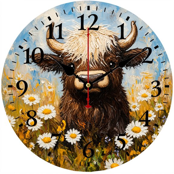 Highland Cow Wall Clock, 9.84 Inch Rustic Farmhouse Round Analog Clock with Floral Daisy Oil Painting Design, Decorative Clock for Kitchen, Living Room, Bedroom and Office