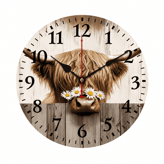 CozyHour Highland Cow Wall Clock 9.84 inch, Rustic Farmhouse Analog Clock with Large Numbers for Bathroom Kitchen Living Room Office