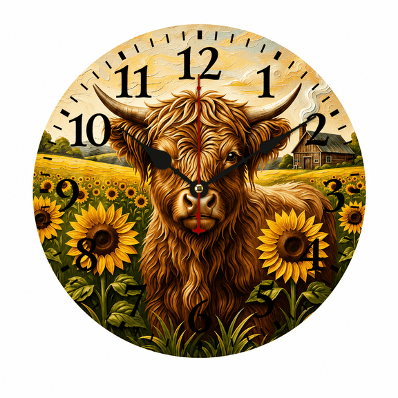 CozyHour Highland Cow Sunflower Wall Clock 9.84 inch, Silent Non-Ticking Battery Operated, Rustic Farmhouse Wall Decor for Home Kitchen Living Room Bedroom Office