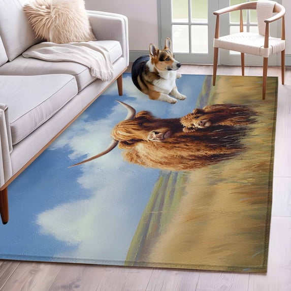 Highland Cow Washable Area Rug 2.7x5 Rustic Art Calf in A Lush Farmhouse Grassland Low-Profile Small Area Rugs with Non Slip Backing Indoor Floor Carpet for Entrance Living Room Bedroom Home Office