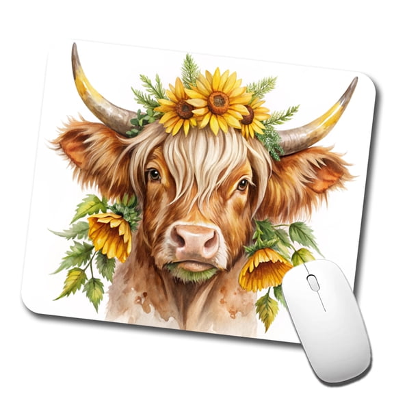 Highland Cow Watercolor Design With Sunflowers Mouse Pad Low Profile Gaming Mat