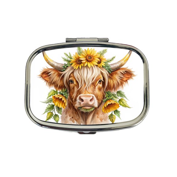 Highland Cow Watercolor Design With Sunflowers Small Travel Handbag Pill Box Case