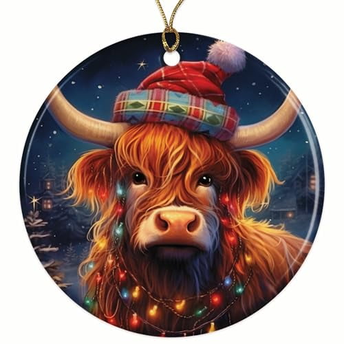 Highland Cow Wearing Santa Hat and Holiday Lights Christmas Ornament - Festive Holiday Decor - 2.8" Round - Gold String Included - UV Printed Design - Choose from Over 140 Designs - BMCO0480