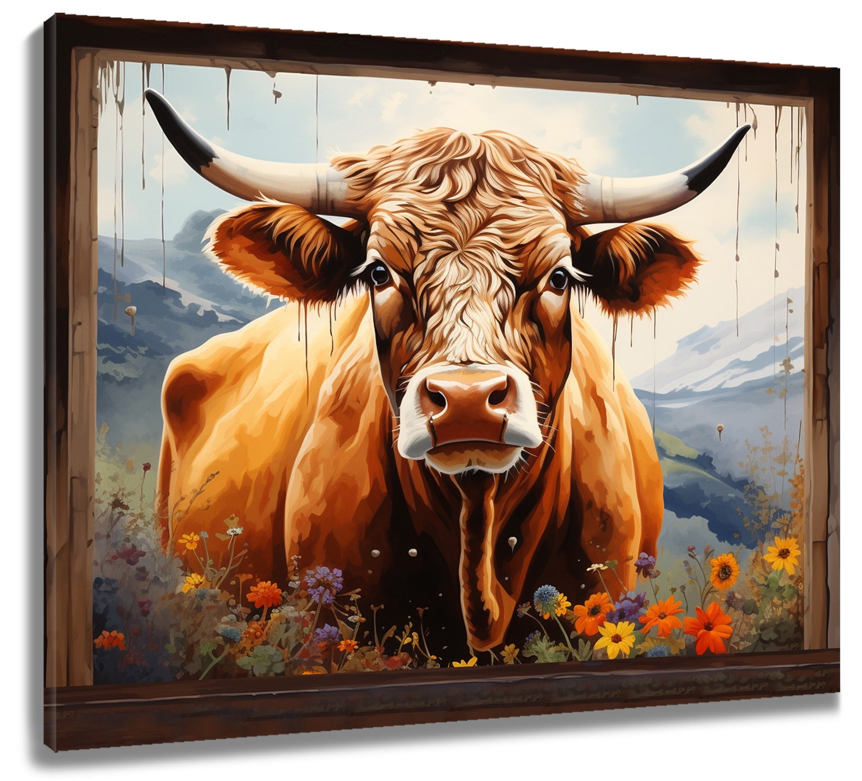 Highland Cow Wild Flower Canvas Wall Art Farmhouse Plant Grass Print