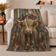 thumbnail image 1 of Highland Cow with Wildflowers Barn Stars and Flag Inspired Arch, Rustic Farmhouse Art for Cow Lovers, Cozy Flannel Blanket for Living Room and Bedroom, Housewarming Gift, Home Decor, 1 of 9
