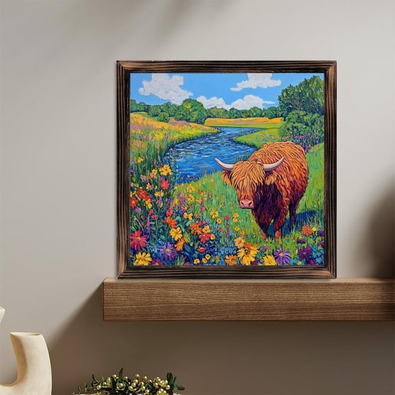 Highland Cow Wildflowers Stream Wooden Sign Wall Plaque - Vintage Art Decoration, Wall Decoration - Ideal Gift For Home Decoration, Living Room, Bathroom, Bedroom, Garden, Dining, Bar, Cafe, Festiv