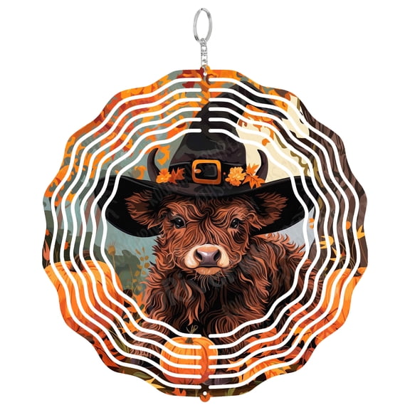 Highland Cow Wind Spinner Metal Outdoor Decor Halloween Fall Whimsical Orange Black Brown