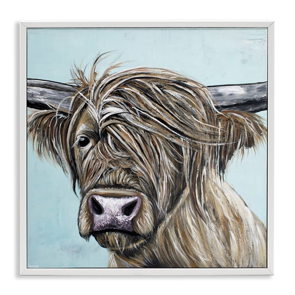 Stupell Industries Highland Cow Windblown White Framed Giclee Art, design by Jennifer Seeley, 12 x 12