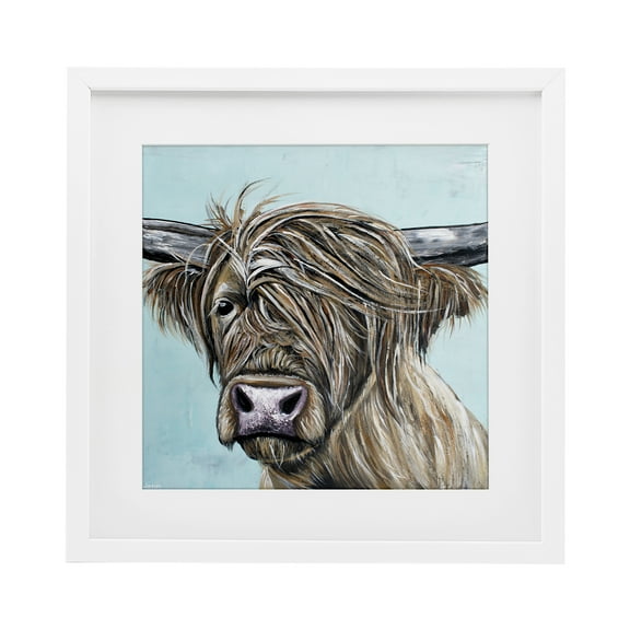 Stupell Industries Highland Cow Windblown White Framed Print Under Glass, design by Jennifer Seeley, 13 x 13