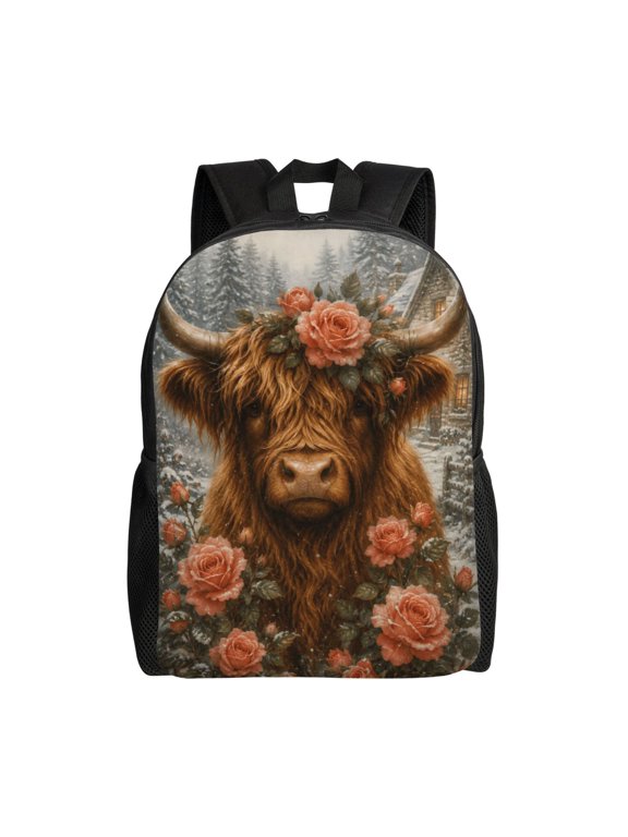 Highland Cow Winter Backpack Full Front Print Travel Laptop Bag for Men and Women