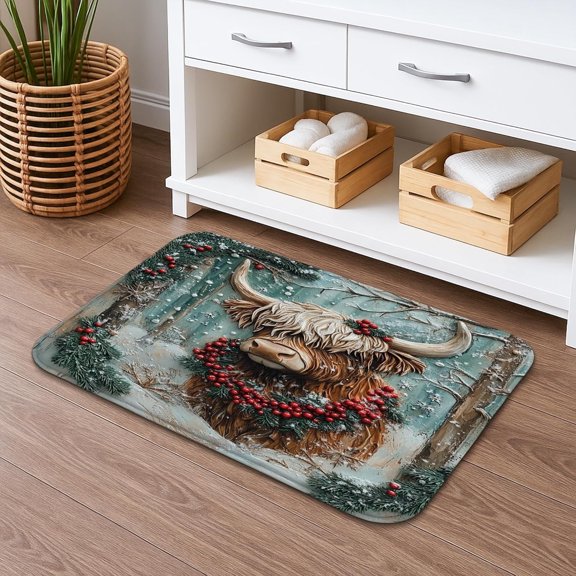 Highland Cow Winter Bath Mat Rustic Snowy Animal Pattern Absorbent Non Slip Flannel Washable Bath Rug for Bathroom Toilet Restroom Decorative 16x24 Inch