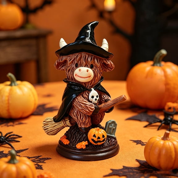 Highland Cow Witch Figurine Resin Halloween Pumpkin Skull Highland Cow Gnomes Decor Scottish Calf Statue for Halloween Home Garden Kitchen Office Tiered Tray Table Decor